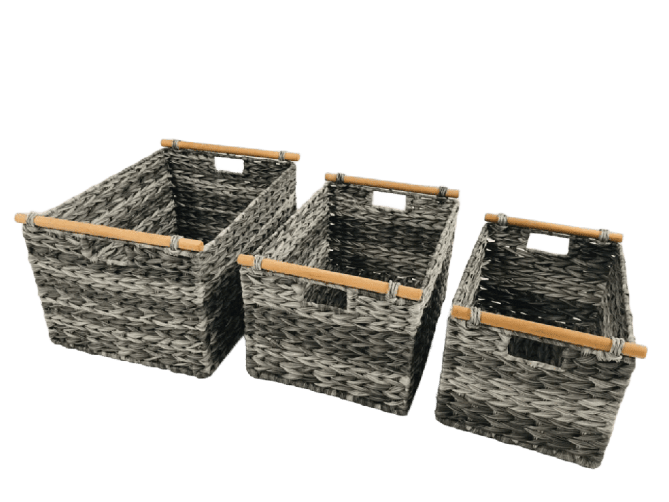 Premium Handwoven Fishbone Weave Rectangular Baskets with Wooden Handles - Set of 3